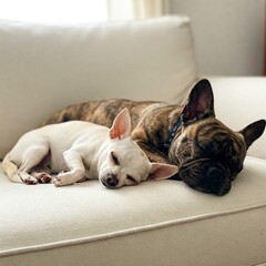 Chihuahua and Frenchie sleeping on a couch.