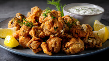 Deliciously Crispy Fried Oysters Served with Fresh Lemon and Creamy Dipping Sauce on Elegant Plate
