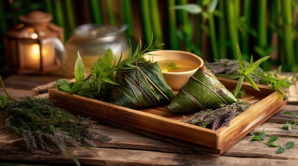 Vibrant zongzi wrapped in bamboo leaves on a wooden tray with mugwort, celebrating Dragon Boat Festival traditions.
