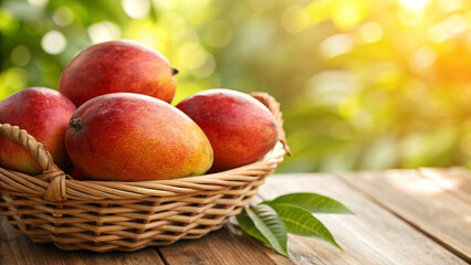 Ripe Mangoes in basket on wooden table in Natural Background, Mangoes in wicker basket on table