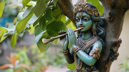 Obraz premium Antique Krishna playing flute statue under a sacred tree