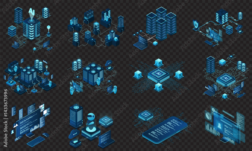 Poster set of isometric modern technology concept for cloud computing, datacenter, database, artificial int