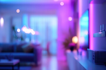 Modern living room interior with soft lighting and blue, purple, and pink colors