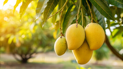 Ripe Yellow Mangoes tree in garden in Natural Background