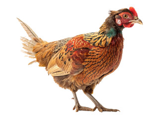 Fototapeta premium Isolated on a white background, a domestic white rooster, a farm bird, stands showing its red comb and brown feathers, typical of poultry