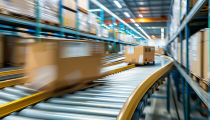 Concept entrepôt et plateforme logistique avec des colis et des cartons sur un tapis roulant