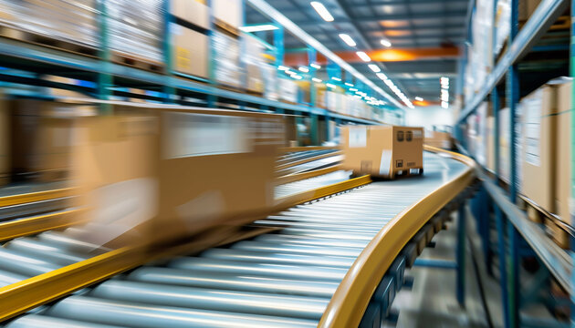 Concept entrep&ocirc;t et plateforme logistique avec des colis et des cartons sur un tapis roulant