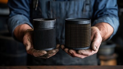 Mechanic holds two car filters, one old, one new, in hands, demonstrating process, knowledge.