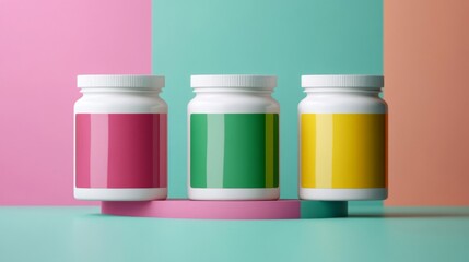 Three White Supplement Bottles with Colorful Labels on Pastel Background