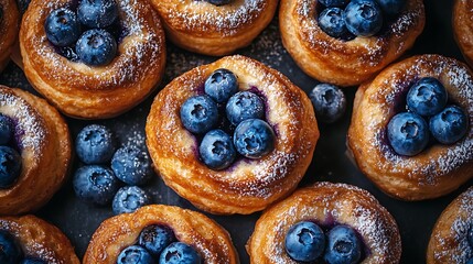 Freshly baked mini blueberry popovers arranged in rows. Fluffy pastries topped with blueberries and dusted with powdered sugar. Delicious treats for National Blueberry Popover Day