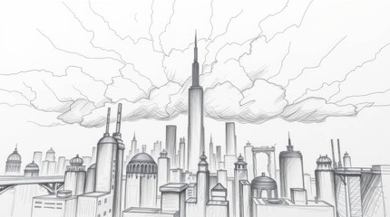 Detailed cityscape drawing featuring skyscrapers and architectural domes