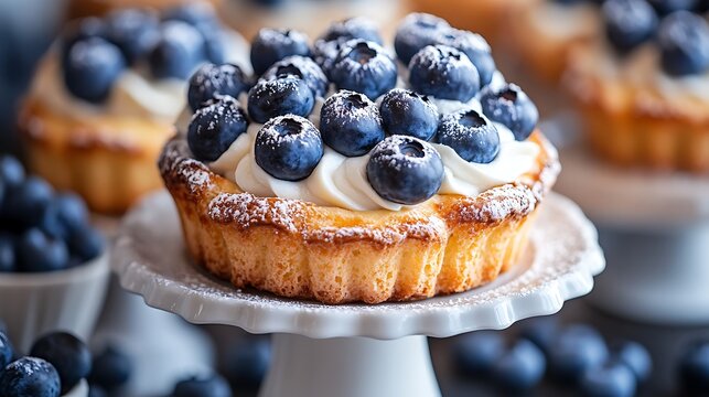 Golden blueberry popover topped with whipped cream and fresh berries on elegant cake stand. Fluffy and sweet dessert for National Blueberry Tart Day celebration