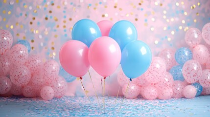 Balloons create festive scene, displaying pink, blue hues, surrounded by confetti, symbolizing celebration, joy, happiness.