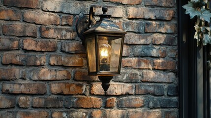 Exterior lantern shines on brick wall, providing warm illumination, rustic style, elegant architectural detail.