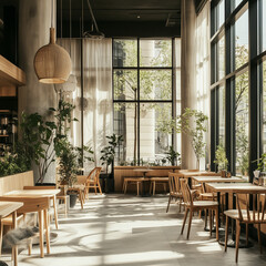 Fototapeta premium Wide interior shot of a modern coffee shop with minimalist decor, natural materials, and sunlight streaming through large windows