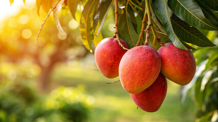 Close up of ripe Red mangoes hanging from tree in Natural sunny day time with warm sunlight