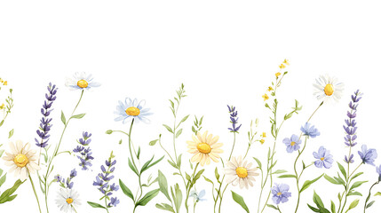 Watercolor painting of wildflowers, including daisies and lavender, arranged in a horizontal border.