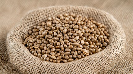 Fototapeta premium Light Brown Hemp Seeds in Burlap Bowl Close Up