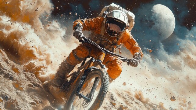 An astronaut rides a mountain bike on a rocky, dusty surface with a moon in the background.
