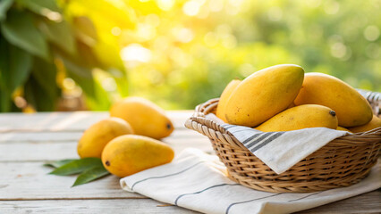 Mangoes in basket and some mango on table in Natural sunny day background, Mango in wicker basket on table