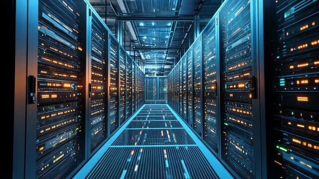 Massive server room, illuminated with glowing components.  Rows of server racks extend deep into the facility