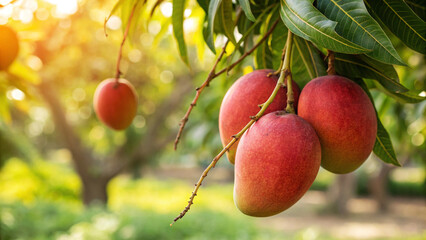 Ripe red mango hanging from a tree in Natural sunny day time with warm sunlight