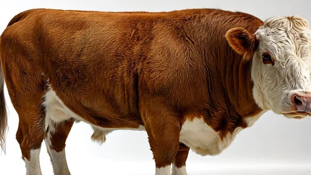 Brown & white bull with a pink nose stands in front of a blank background