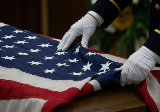 Hands in white gloves carefully fold the American flag, a symbol of respect and remembrance.