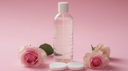 Facial toner bottle sits near roses cotton pads symbolizing skincare freshness gentle hydration on pink.