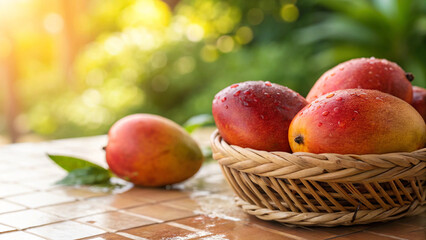 Mangoes in wicker basket and some mango on table in Natural sunny day background, Mango in basket on table