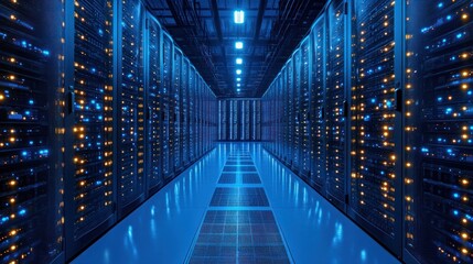 Server room with blue lights showing rows of computer hardware and networking equipment.