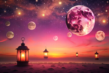 Sunset pink to plum with child-like lantern doodles and moon craters