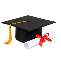 A Graduation Cap with Diploma Scroll and Red Ribbon on Transparent Background