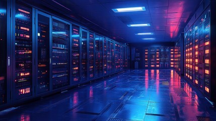 Server room with rows of computer racks illuminated by blue and pink lights.