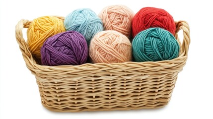 Basket holds colorful yarn balls, crafts hobby involves knitting wool handicraft handmade threads creative.