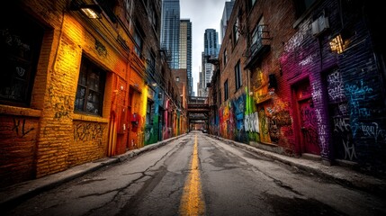 Naklejka premium Vibrant urban alleyway with colorful graffiti art on brick walls, converging perspective, and a central yellow line.