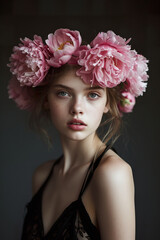 Naklejka premium Young female with pink floral crown and elegant expression