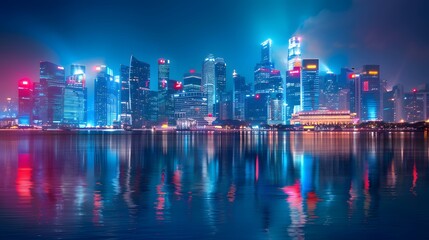 Fototapeta premium Ultra-Realistic Futuristic City Skyline at Night with Neon Reflections over Water 