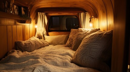 Cozy sleeping area inside a luxury camper van with decorative pillows, soft lighting, and wood-panel walls, creating a warm and inviting space for travelers