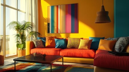 A modern living room with a yellow wall, a red sofa, and colorful pillows and rug.