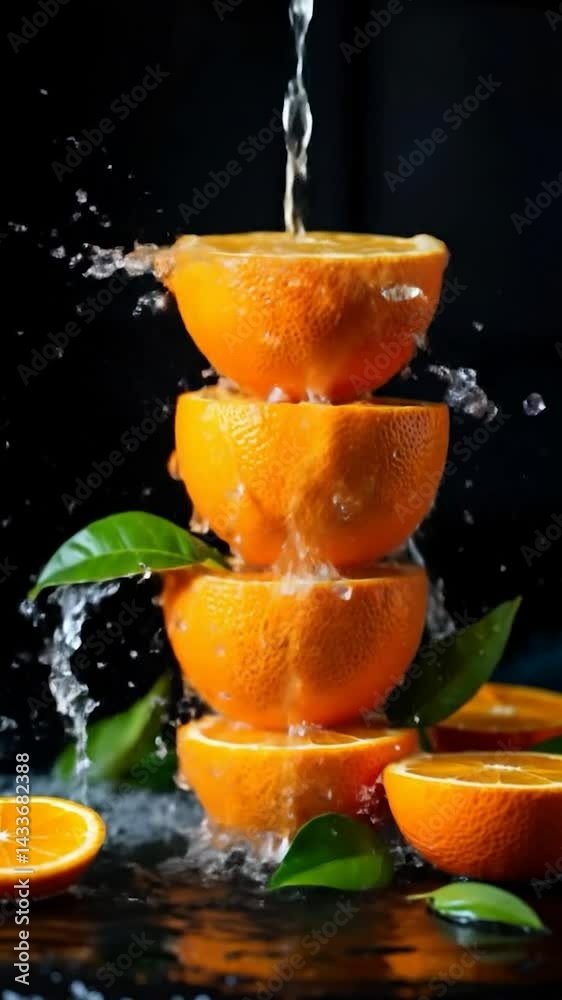 Poster refreshing water splash on stacked oranges