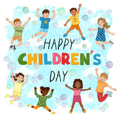 Colorful Banner for Happy Childrens Day with Textured Illustration oh Happy Children Jumping