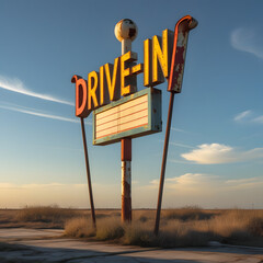 Drive-in Sign at Sunset: An old, weather-beaten drive-in sign stands majestically against a picturesque sunset sky, capturing the essence of nostalgia and timeless charm.