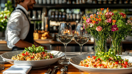 Couple joyfully prepares a romantic dinner table for celebration with candlelight and fresh flowers in a cozy setting
