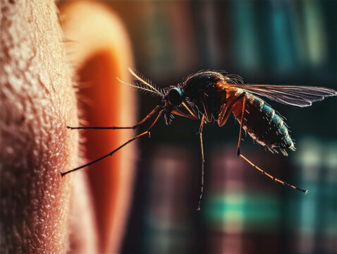 Close-up view of a mosquito near a human ear emphasizes the irritation caused by insect bites, showcasing nature's small nuisances