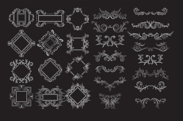 This vector set showcases vintage ornamental design elements with floral swirls and ornate decorations, perfect for creating retro frames and elegant wedding cards