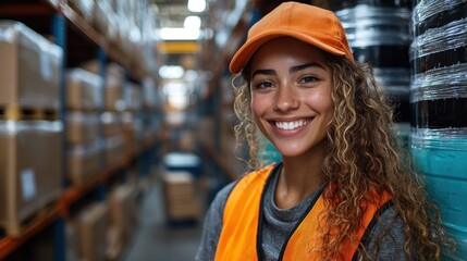 Woman in orange vest and cap smiles in a warehouse with shelves.