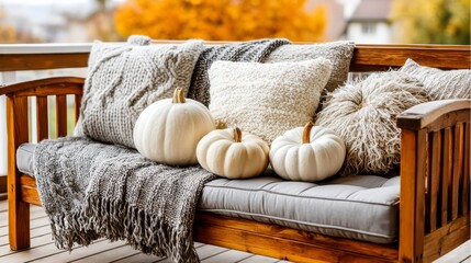 Cozy autumn scene featuring white pumpkins and textured gray blankets arranged on a wooden bench against a blurred background of autumn foliage.