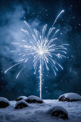 fireworks in the sky with snow on the ground