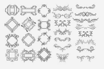 A vintage vector set features ornate calligraphic design elements with floral swirls, perfect for elegant decorations and classic illustrations